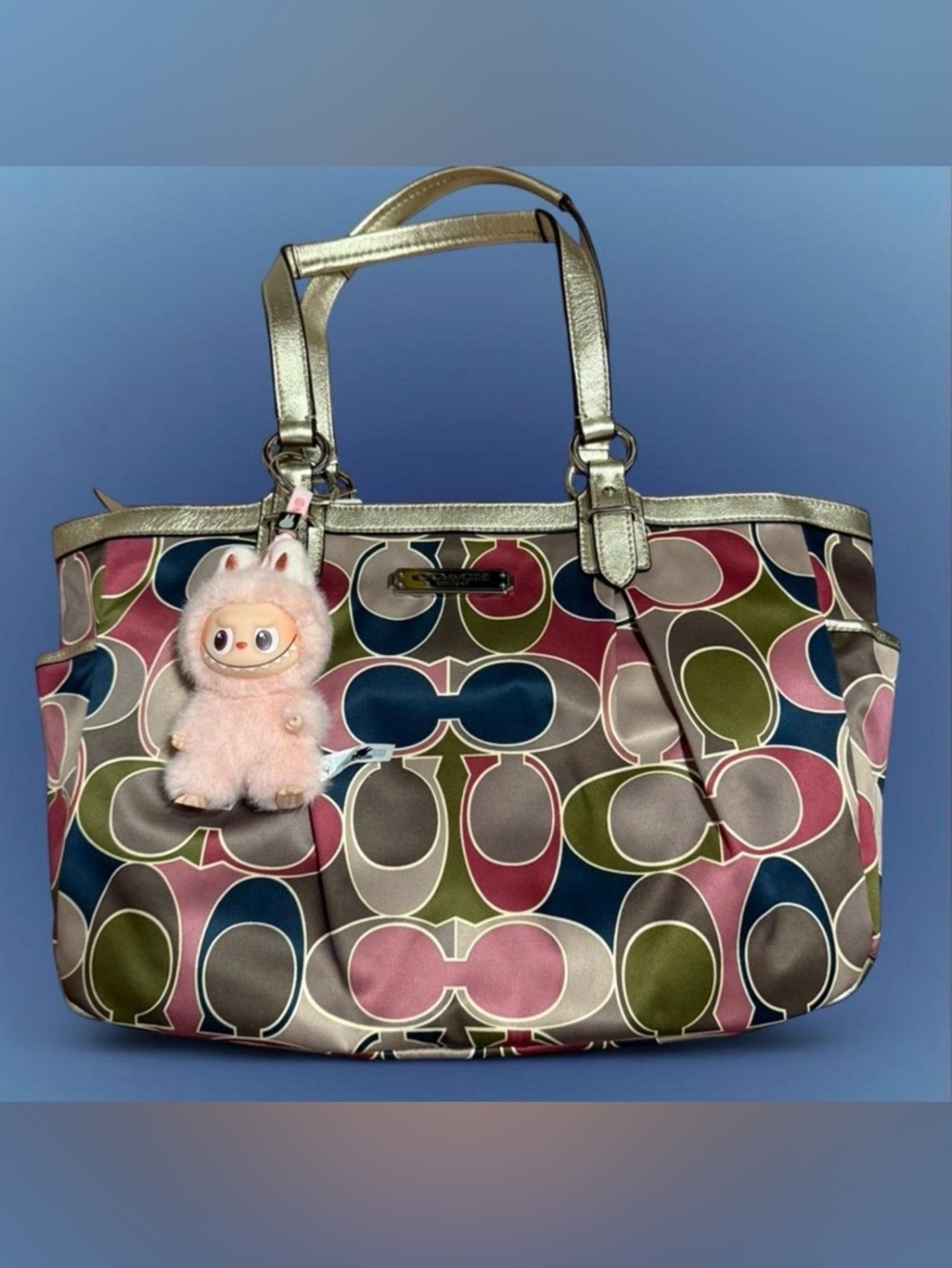 Coach Multicolor Satin Signature C Tote with Metallic Trim
